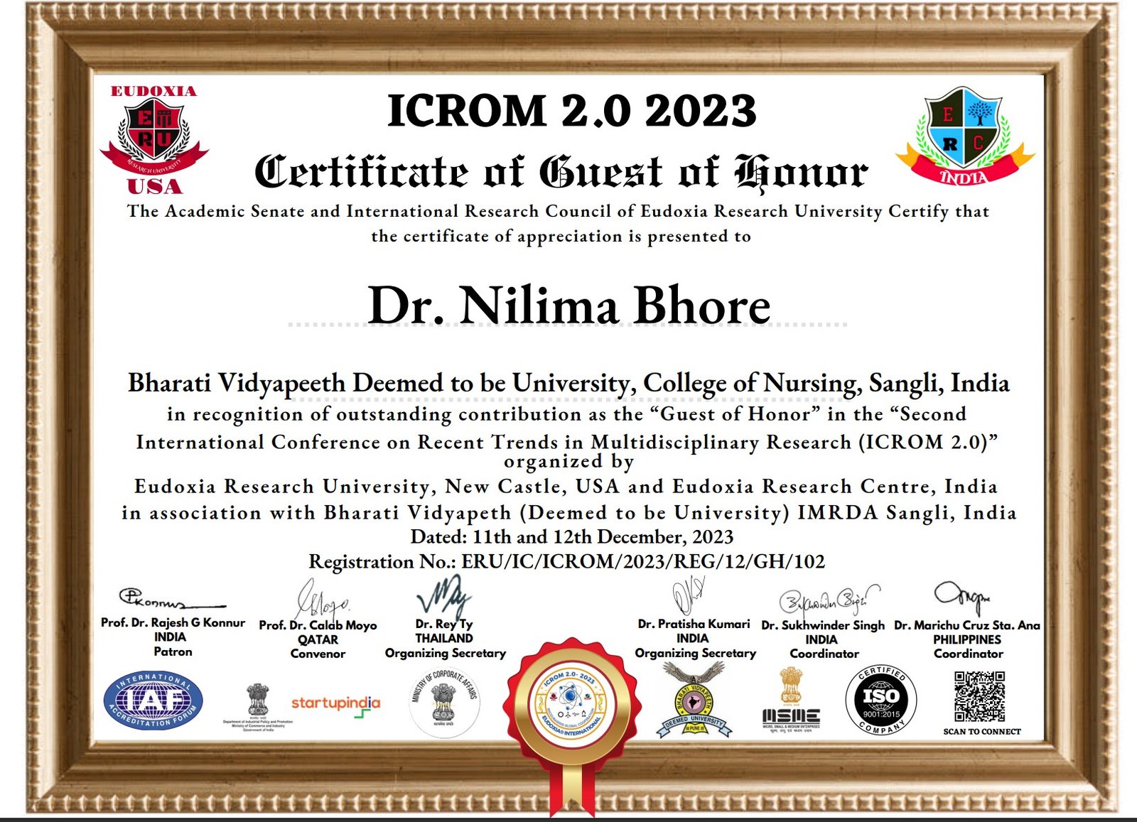 Dr. Nilima R Bhore as a Guest of Honor