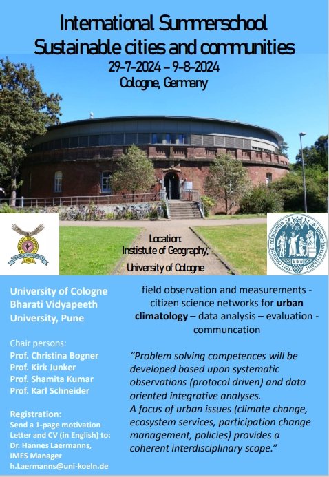 Call for applications for Joint International Summer School  on  Sustainable Cities and Communities from 29th July 2024 to 9th August 2024 at Institute of Geography, University of Cologne, Germany
