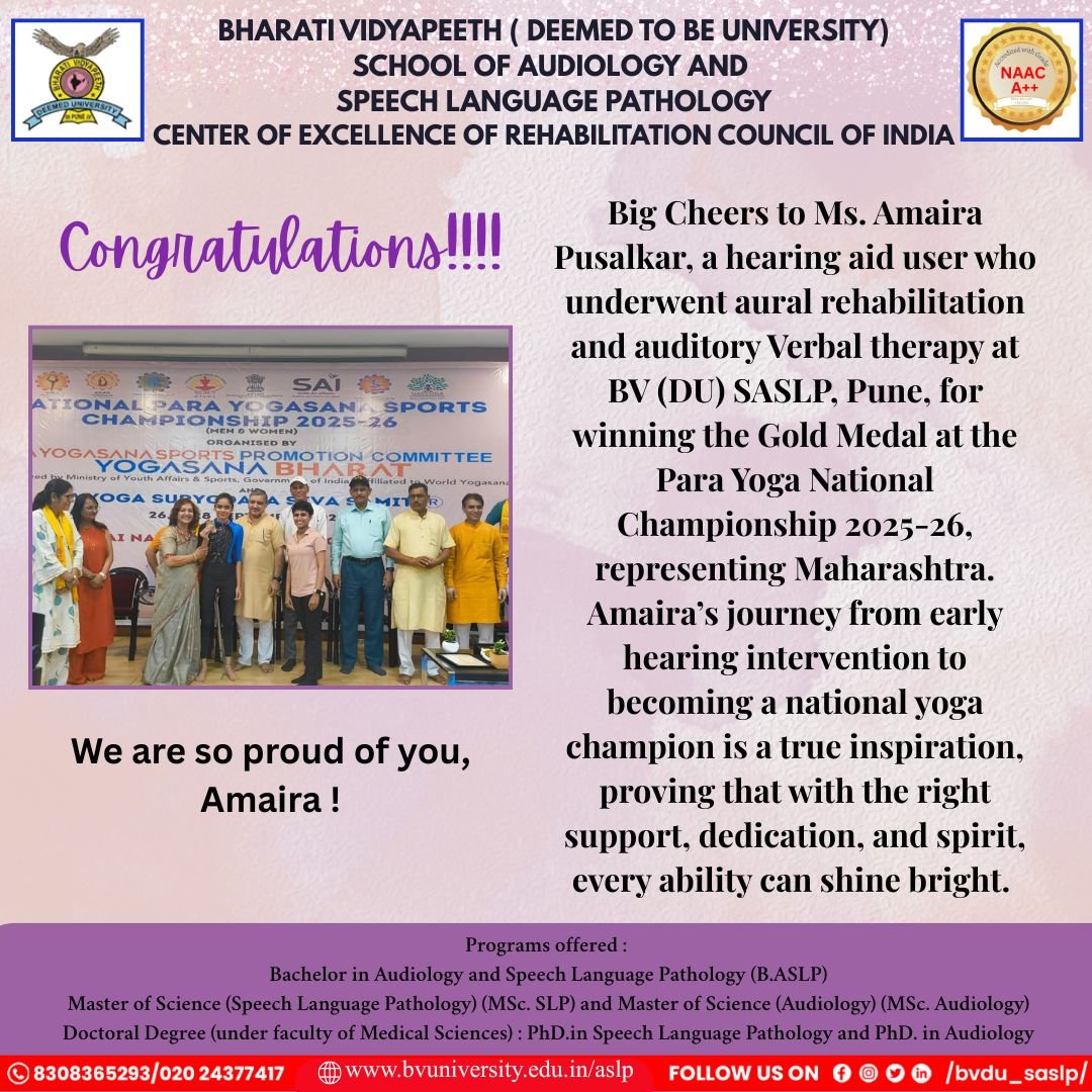 Big Cheers to Ms Amaira Pusalkar a hearing aid user who underwent aural rehabilitation and auditory Verbal therapy at BV DU SASLP